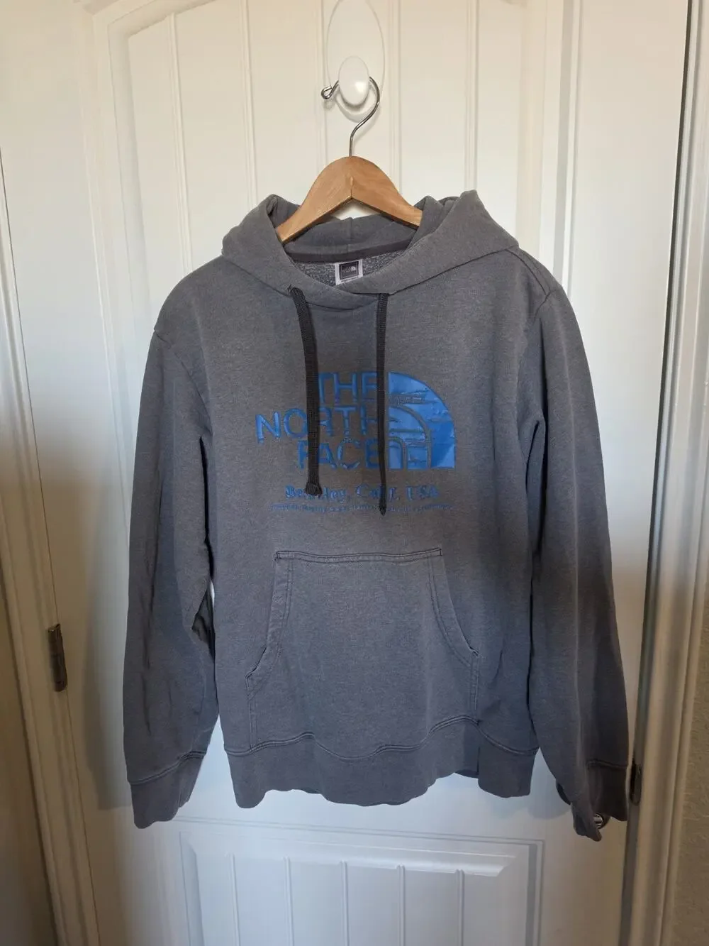 The North Face Hoodie Mens M Gray Blue Berkeley Logo Pullover Sweatshirt